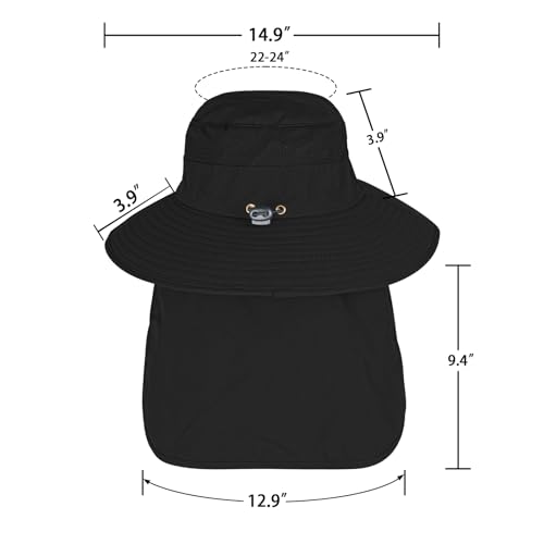 Sun Hats for Men Women Fishing Hat UPF 50+ Breathable Wide Brim Bucket Hats Summer UV Protection Safari Hat with Neck Flap Black