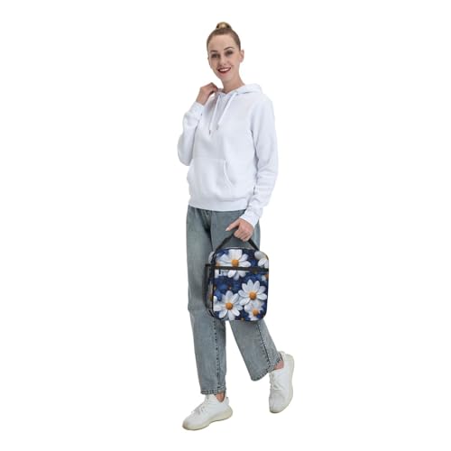 Elegant Daisy Insulated Lunch Box for Women Men White and Blue Flower Lunch Bag for Travel