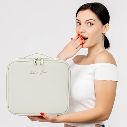 Makeup Travel Train Case with Mirror LED Light 3 Adjustable Brightness Large Cosmetic Bag Portable Storage Adjustable Partition Waterproof Make up Brushes Makeup Jewelry Gift for Women