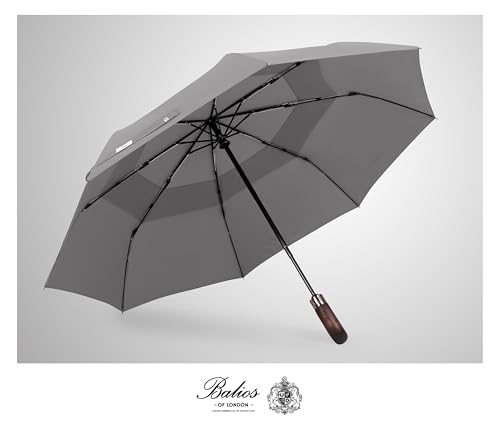 Folding Umbrella Real Wood Handle Auto Open Close Metallic Gray