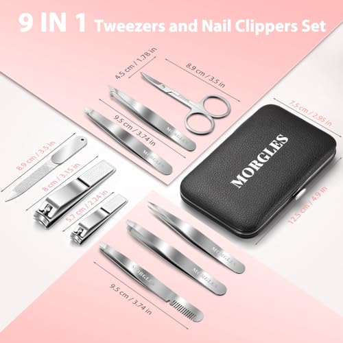 Tweezers Set for Men 9 Pcs Nail Clipper Kit with Case for Grooming (9 Count)