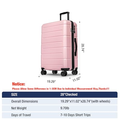 28 Inch Luggage with Wheels Hardshell Large Suitcase Lightweight Big Checked Luggage with TSA Lock Travel Rolling Suitcase for Women Men Pink