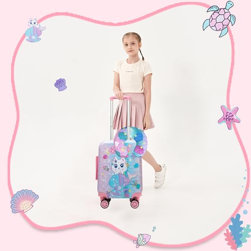 Cute Cat Kid’s Luggage Set 2 Piece Suitcase Set 16" Hardside Luggage with Spinner Wheels Girls Carry on Toddler Travel Rolling Luggage Airline Approved (2 Count)