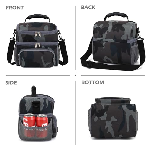 Double Layer Cooler Insulated Lunch Bag Adult Lunch Box Large Tote Bag for Men (Black#Camo)