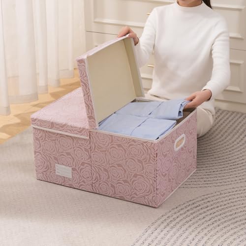 Jumbo Collapsible Storage Boxes with Lids Fabric Decorative Storage Bins Cubes Organizer Baskets with Cover Handles Divider for Bedroom Closet Living Room 23.2x15.7x11.8 Inch 3 Pack (3 Count)