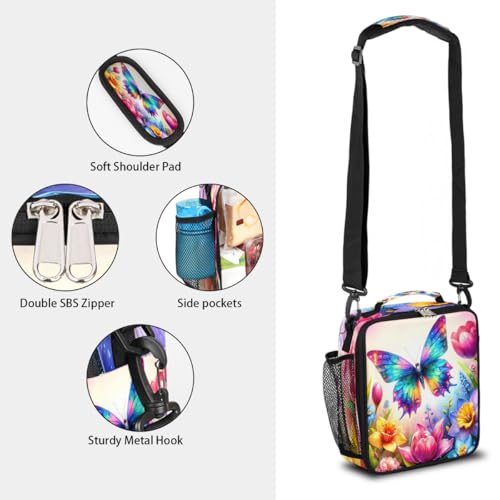 Spring Flower Butterfly Kids Lunch Box for Girls Boys Reusable Insulated Lunch Bag for Kids Toddler Thermal Cooler Spacious Lunchbox with Shoulder Strap Lunchbag for School Work Picnic (print 4)