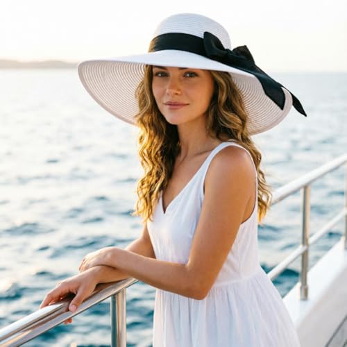 Women Wide Brim Bow Straw Hat Floppy Foldable Beach Sun Hat Roll up Cap UPF 50+