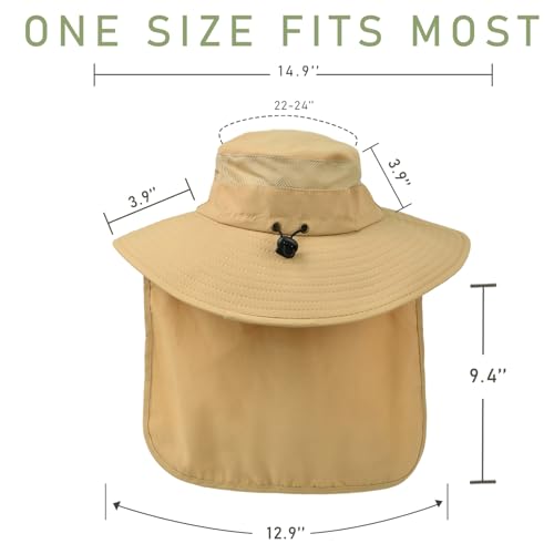 Fishing Hat Breathable Wide Brim Sun Hats with Neck Flap Bucket Hat Outdoor Safari Hat for Men Women UPF 50+ Sun Protection Khaki