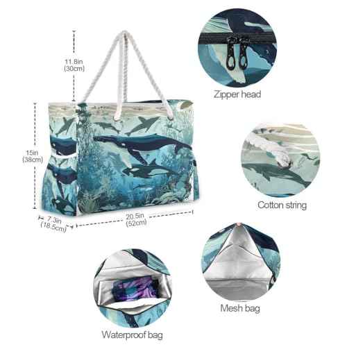 Large Beach Bags Totes Canvas Tote Shoulder Bag Soft Wave Water Resistant Bags for Gym Travel Daily Ocean