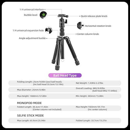 Mini Tripod for Camera 58 Inch Compact Travel Tripod with Selfie Stick Mount