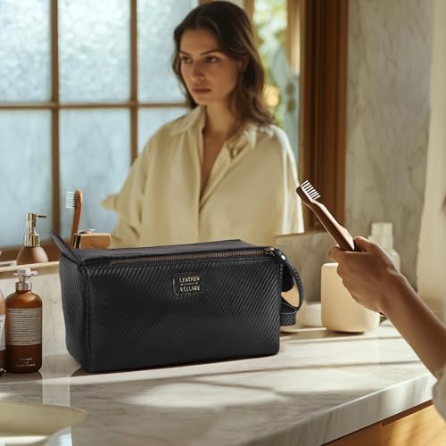Carbon Leather Toiletry Travel Bag For Men & Women