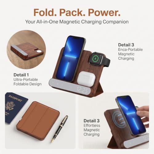 3-in-1 Walnut Wood Wireless Charging Station with Clock, 15W Fast Foldable Charger Stand, Charging Dock for iPhone 17/16/15/14/13/12, Apple Watch Ultra/10/9/8, AirPods, Nightstand Charger,Gift for Men