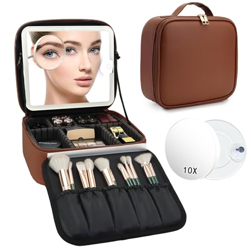 Travel Makeup Bag with LED Mirror and 10x magnifying glass with 3 Lighted Settings