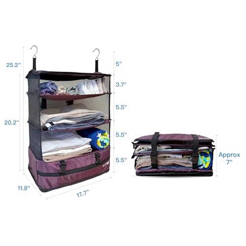 Stow-N-Go Hanging Travel Shelves, Packing Organizer for Luggage. Carry on Closet for Suitcase. Expandable Packing Cube. Travel Essentials. (Burgundy, XL = (L) 17.7" x (W) 11.8")