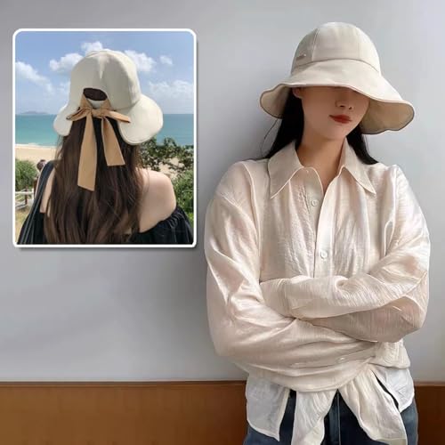 Wide Brim Hats for Woman Foldable Hats Sun Hats for Women uv Protection Bowknot Fishing hat Adjustable hat with Ponytail Hole Beige
