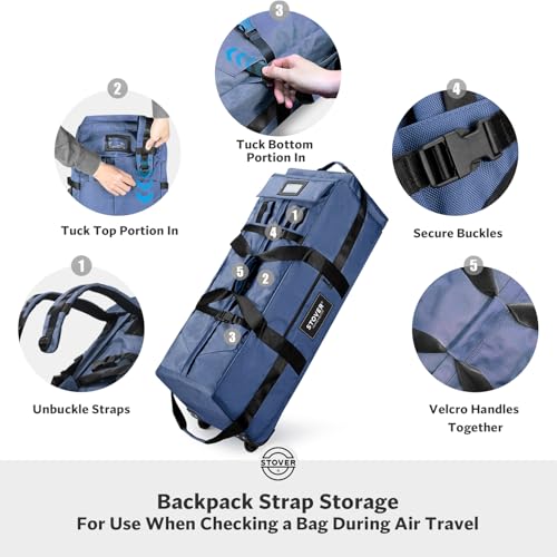 45/80/100L Rolling Duffel Bag with Wheels, Large Durable Travel Duffle + Toiletry Bag, Heavy Duty, Packable, Foldable with Shoulder Straps- Use as Luggage or Backpack, Men/Women (Navy Blue)