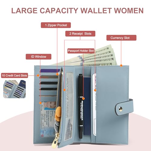 Womens Wallet RFID Blocking Vegan Leather Trifold Clutch Credit Card Holder Ladies Travel Wallet Purse with Pen Holder