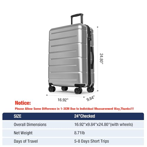 24 Inch Luggage TSA Approved Hardshell Suitcases with Spinner Wheels Durable PC+ABS Medium Checked Travel Luggage for Women Men Silver Grey
