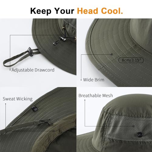 UPF50+ Mens Sun Hat Wide Brim Womens UV Protection Beach Bucket Hat Airy Fishing Hat Hiking Snap Up Cowboy Hat Army Green