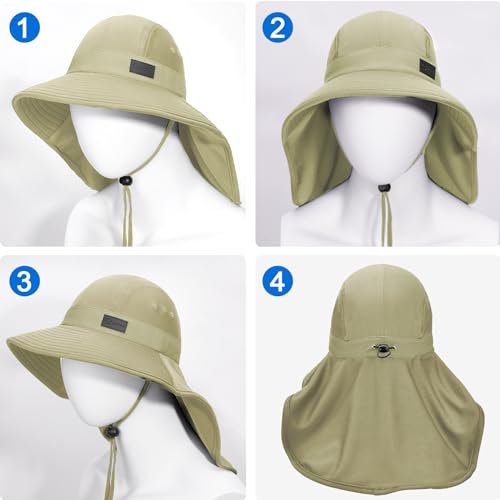 Cooling Sun Hat for Men Women UPF50+ Wide Brim Fishing Hat with Neck Flap Adjustable Foldable Bucket Hat for Hiking Khaki