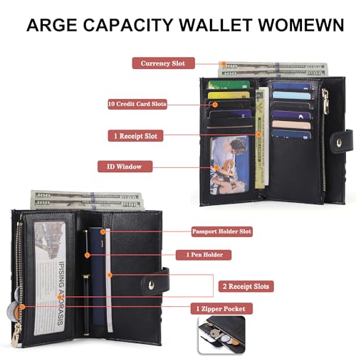 Wallet Women RFID Blocking Multi Cards Wallet Credit Card Holder for Women Large Capacity Lady Leather Trifold Travel Wallet with Pen Holder