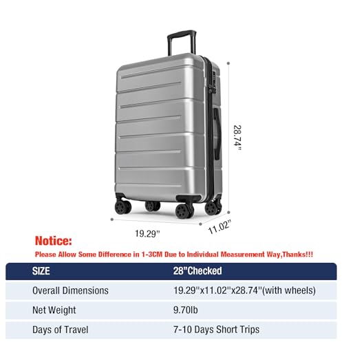Large Suitcases with Wheels Hardshell 28 Inch Luggage TSA Approved Big Checked Luggage Durable Travel Rolling Suitcase Women Men Silver Grey