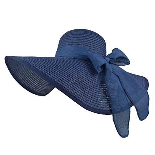 Women Wide Brim Bow Straw Hat Floppy Foldable Beach Sun Hat Roll up Cap UPF 50+
