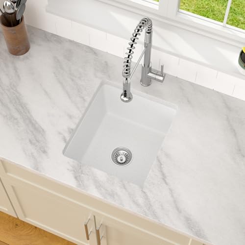 Dcolara 15 Inch White Undermount Wet Bar Sink Single Bowl Kitchen Sink Modern prep sink Granite Composite