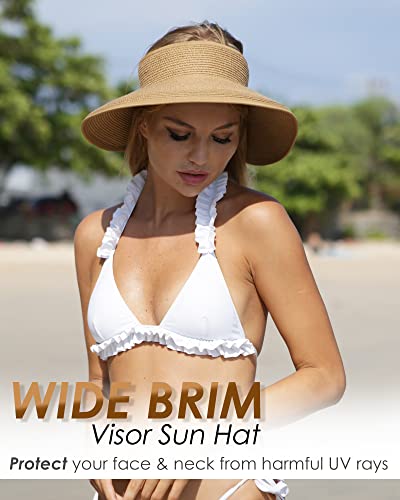 Womens Sun Hat with Ponytail Hole Wide Brim Beach Straw Visor