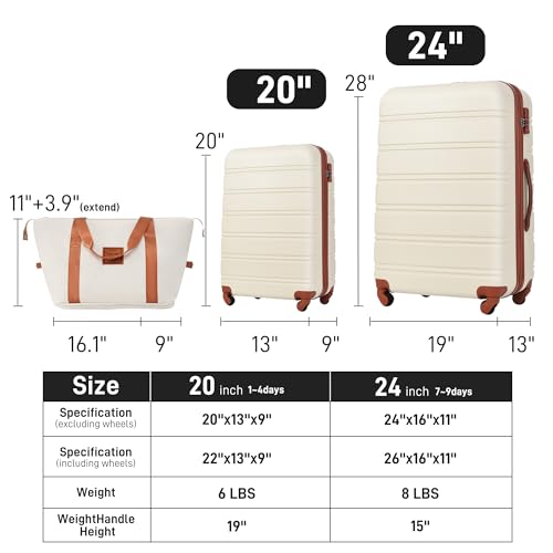 Luggage sets of 3 Piece 20 24 IN Carry on Luggage Hard Case White and Brown Luggage Expandable Checked Luggage Suitcase Set with Wheels