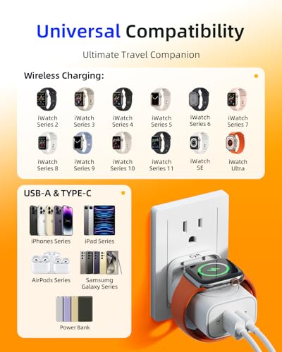 2PCS) 3-in-1 Portable Apple Watch Charger Fast Charging,25W Wireless Magnetic Foldable iWatch Charger Block,PD Travel Essentials Block for iWatch Ultra/SE/ 10/9/ 8/7/ 6,iPhone 17/16/ 15 Series