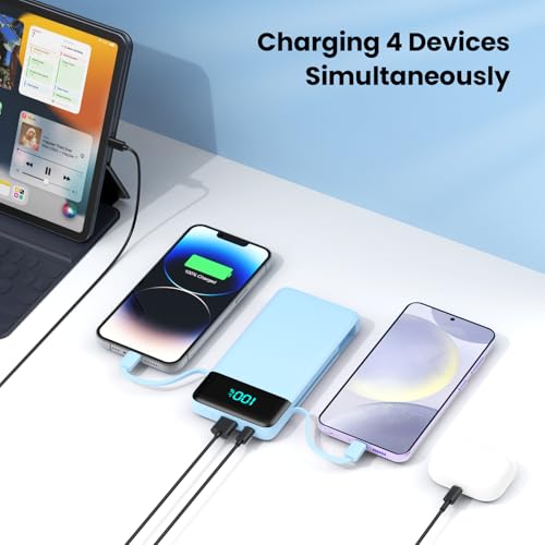 Portable Charger for iPhone with Built in Cables and Wall Plug