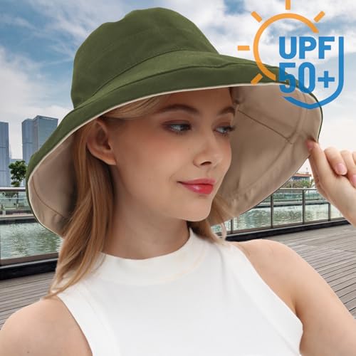 Womens Sun Hats Wide Brim Reversible Bucket Cotton Hat Packable Summer Travel Cap with Hat Clip