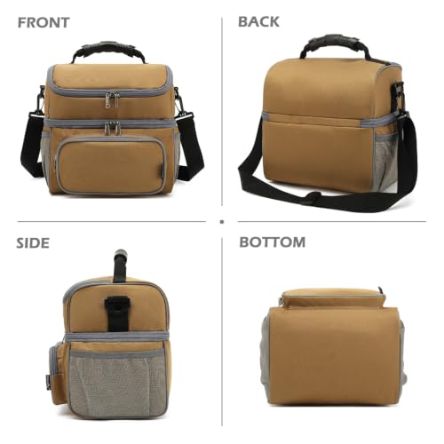 Double Layer Cooler Insulated Lunch Bag Adult Lunch Box Large Tote Bag for Men (Brown)