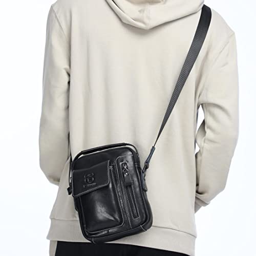 Genuine Leather Shoulder Bag Small Men Messenger Pack Handbag Sling Crossbody Bag Man Purse for Business Work Everyday Outdoor Travel Black