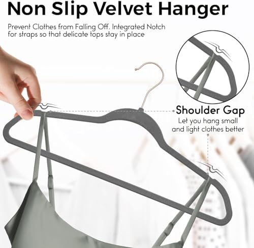 Premium Velvet Hangers 50 Pack Ultra Thin Non Slip Adult Felt Space Saving Slim Suit Hanger for Closet Heavy Duty Coat Pants Jackets Dress Hangers 360° Swivel Hook Hold Upto 10 lbs Gray (50 Count)