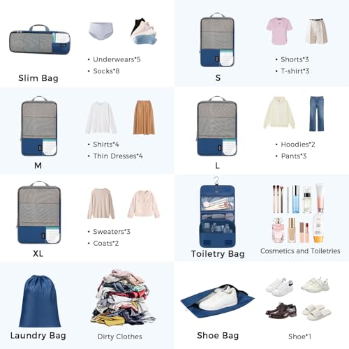 4 Set/6 Set/8 Set Compression Packing Cubes Travel Accessories Expandable Packing Organizers(HalfMesh,8-Navy)