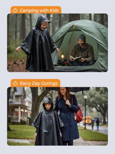 Hooded Rain Poncho Waterproof Raincoat Jacket for Kids Black