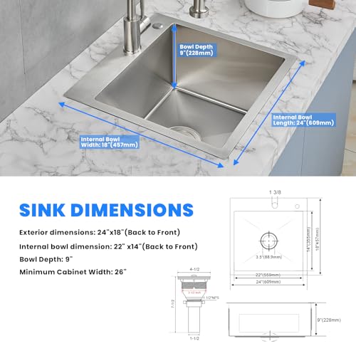 24×18 Inch Drop in Kitchen Sink