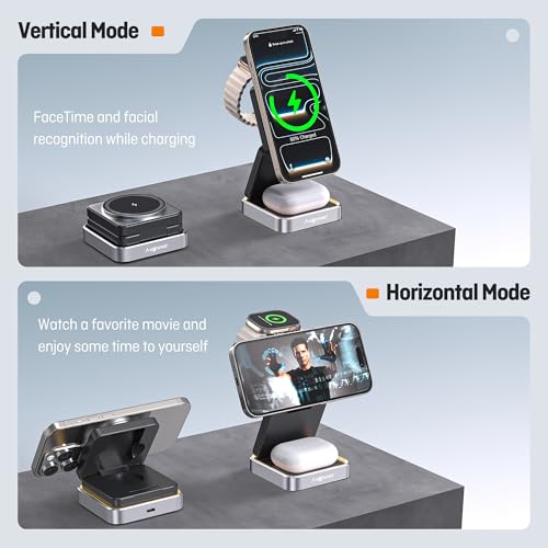 25W 3-in-1 Charging Station for Apple Device, Black Foldable Magnetic Wireless Charger, Fast Travel Charging Stand for iPhone17/16/15/14/13/12 Series, AiWatch/AirPods