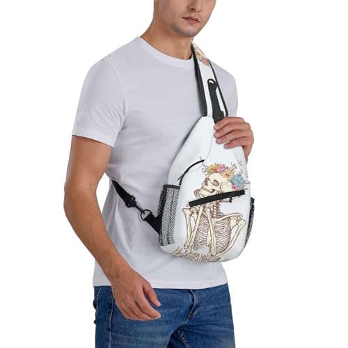 Sling Bag Skeleton Flower Skull Hiking Daypack Crossbody Shoulder Backpack Travel Chest Pack for Men Women