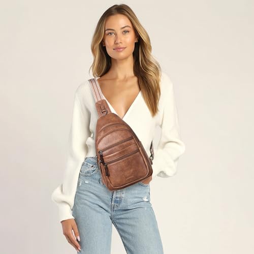 Sling Bag for Women Crossbody Bags Fanny Packs Over Shoulder Bag Sling Purse Backpack Vegan Leather Travel Handbag Purse Gifts Brown