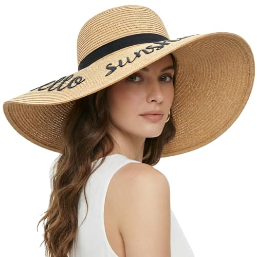 Big Straw Sun Hats for Women Floppy Foldable Roll up Beach Cap Sun Hat UPF 50+ Vacation Honeymoon Embroidered Hat