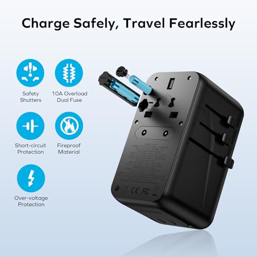 5-in-1 Universal Travel Adapter, GaN 140W International Power Adapter, 3 USB-C PD Fast Charging & 1 USB-A QC, 1 AC, All-in-one International Plug Adapter for Travel European UK AUS JP