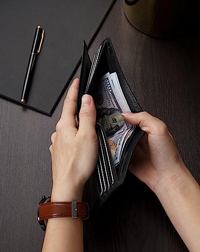 Mens Wallet Rfid Blocking Leather Wallet for Men Bifold Wallets with 1 ID Window 16 Card Slot Black