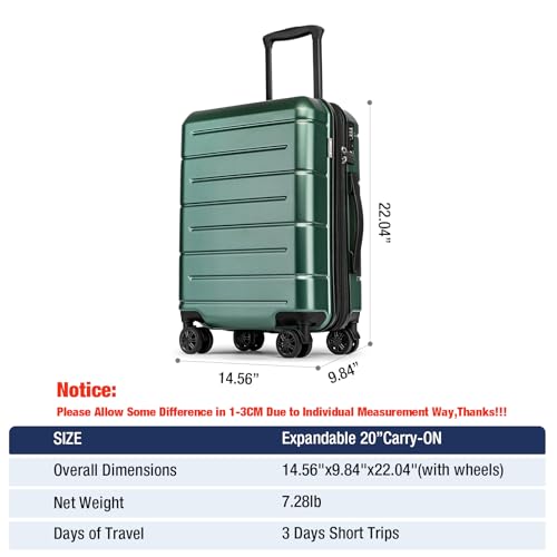 Carry On Luggage 22x14x9 Airline Approved Expandable Hardshell 20 Inch Suitcase with TSA Lock Carry On Suitcase with Wheels Small Travel Rolling Luggage with Cup Holder for Men Women Green