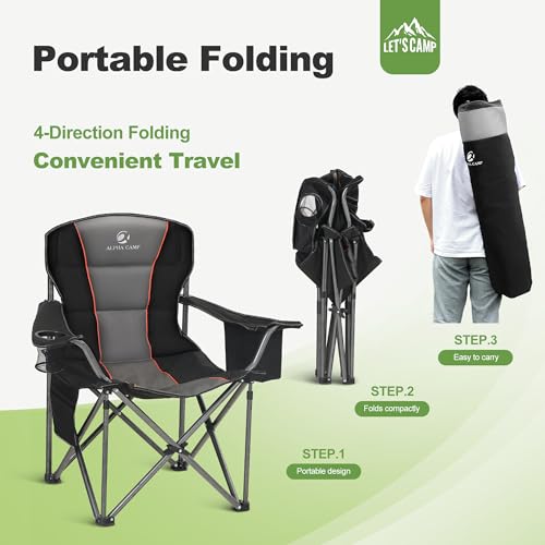 Folding Camping Chair Oversized Heavy Duty Padded Outdoor Chair with Cup Holder Storage and Cooler Bag