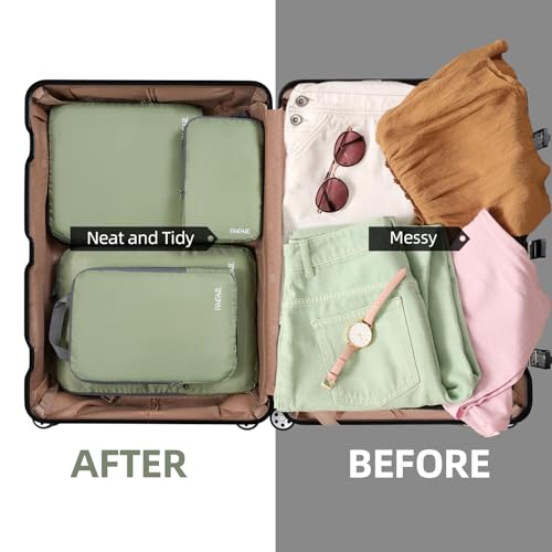4 Set/6 Set/8 Set Compression Packing Cubes Travel Accessories Expandable Packing Organizers (Cloth Pattern, 4-Matcha Green)