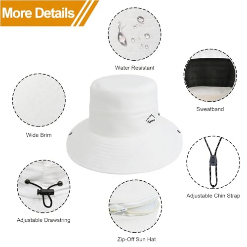 Sun Hats for Women Bucket Hat UV Protection Fishing Hat Wide Brim Safari Hats 2 in 1 Zip