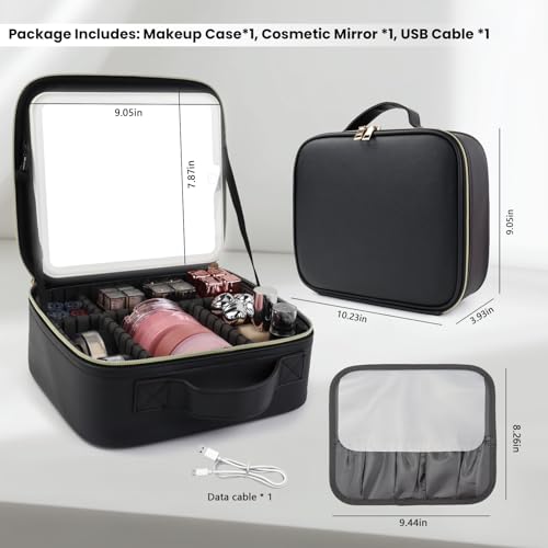 Travel Makeup Bag with LED Mirror and Light Travel Makeup Case Cosmetic Organizer Portable Cosmetic Brush Organizer Bag with Adjustable Dividers for Cosmetics Makeup Brushes Toiletry